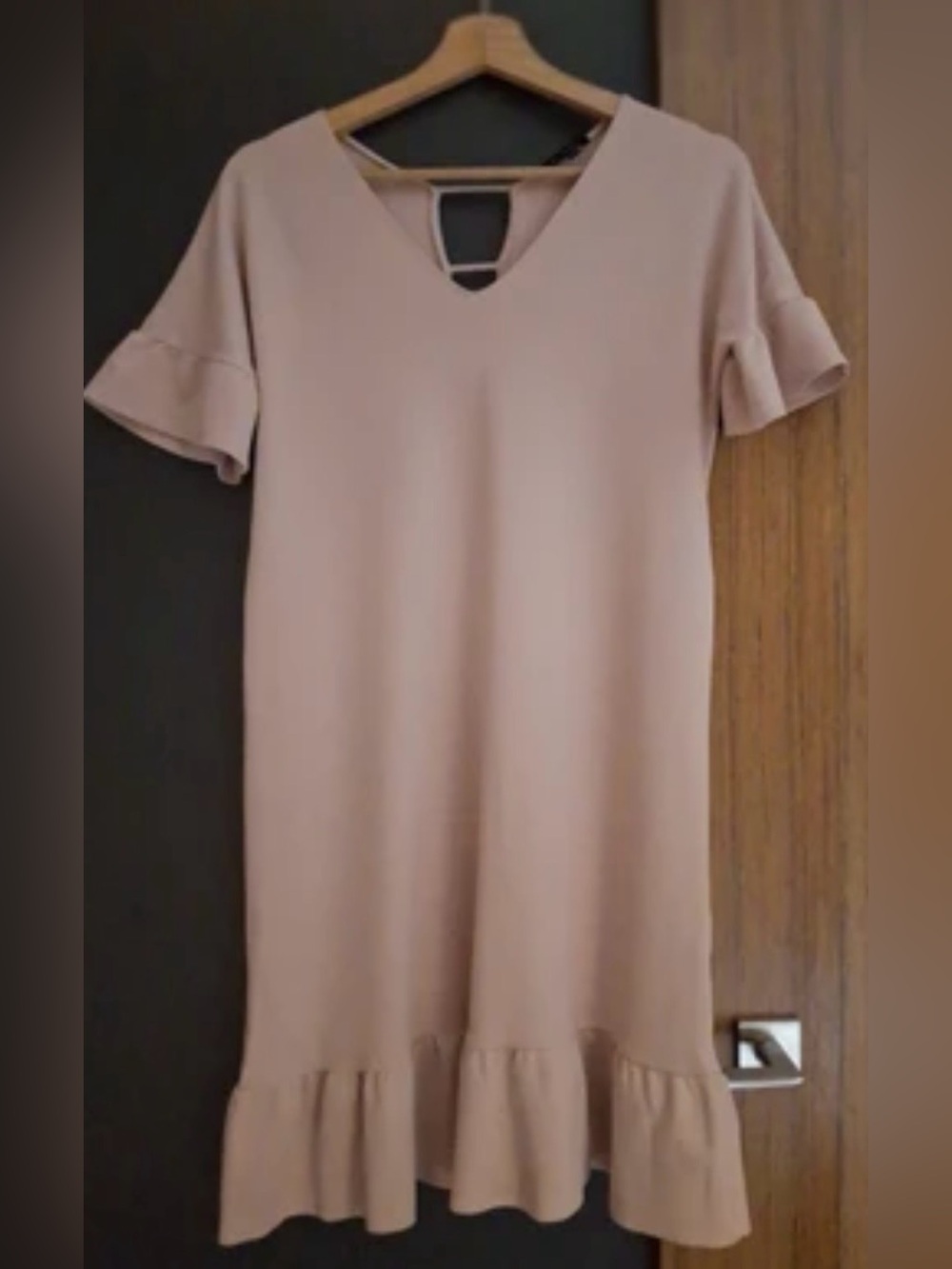 Massimo Dutti Neutral Pink/ Beige Ruffle Hem Dress - Women's V-Neck Shift
